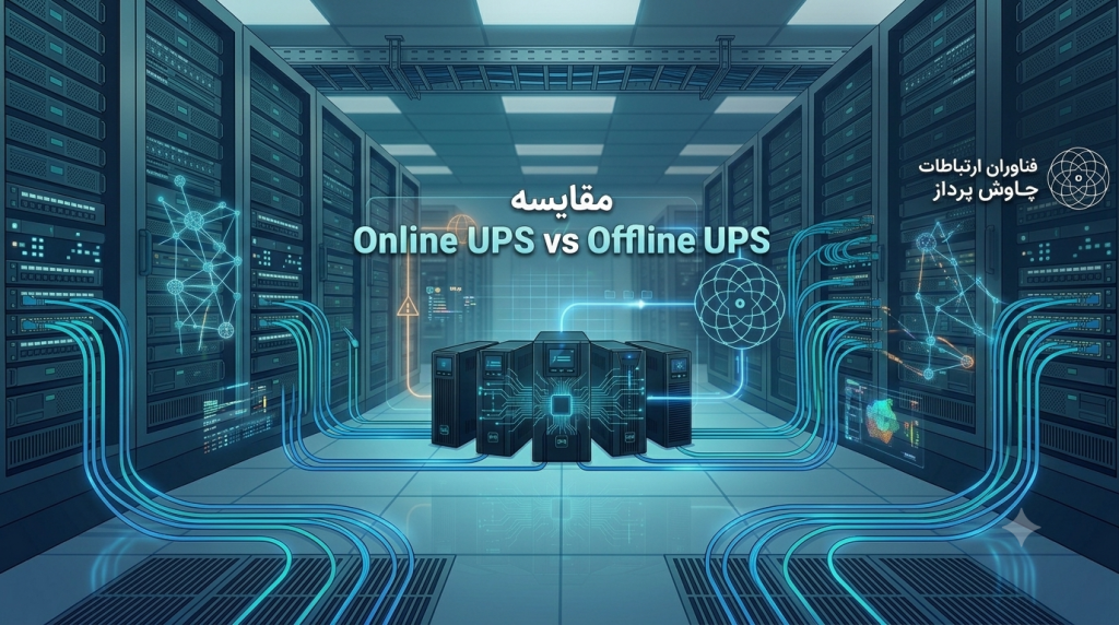 تصویری از یک دیتاسنتر مدرن با ردیف‌هایی از سرورها. در مرکز، چندین واحد UPS با سیم‌کشی‌های نورانی آبی رنگ که نشان‌دهنده جریان انرژی است، قرار دارند. یک متن فارسی به معنای "مقایسه" در بالای تصویر و متن انگلیسی "Online UPS vs Offline UPS" در مرکز آن دیده می‌شود.