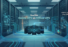 تصویری از یک دیتاسنتر مدرن با ردیف‌هایی از سرورها. در مرکز، چندین واحد UPS با سیم‌کشی‌های نورانی آبی رنگ که نشان‌دهنده جریان انرژی است، قرار دارند. یک متن فارسی به معنای "مقایسه" در بالای تصویر و متن انگلیسی "Online UPS vs Offline UPS" در مرکز آن دیده می‌شود.