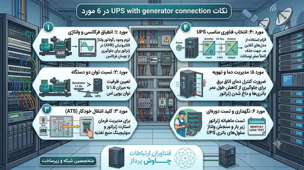 Schematic diagram showing a UPS with generator connection for backup power systems.