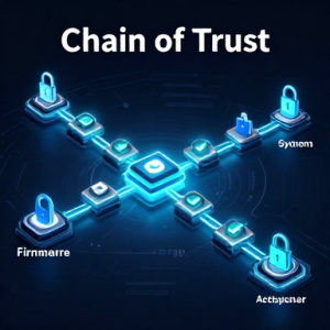 نمای شماتیک Chain of Trust در فرایند بوت امن با لایههای تأیید امنیتی و قفل دیجیتال