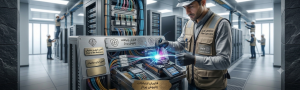 تکنسین در حال کابل‌کشی و اجرای Fiber Optic Services در دیتاسنتر